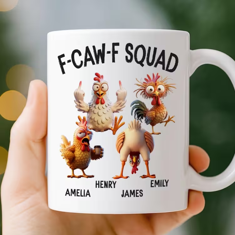 F-CAW-F Squad Mug Personalized – Funny Chicken Friends Gift for Besties, Coworkers, Custom Name Cup