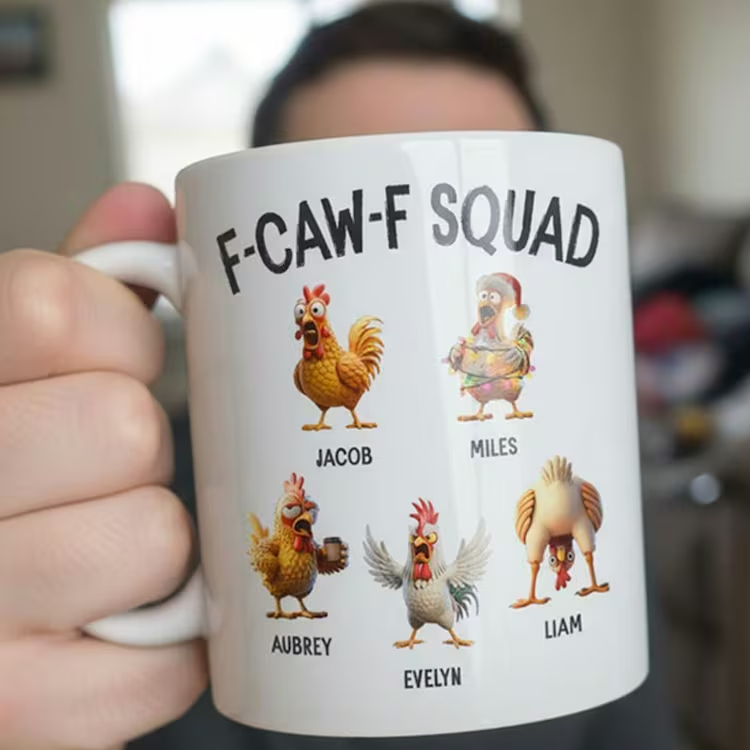F-CAW-F Squad Mug Personalized – Funny Chicken Friends Gift for Besties, Coworkers, Custom Name Cup