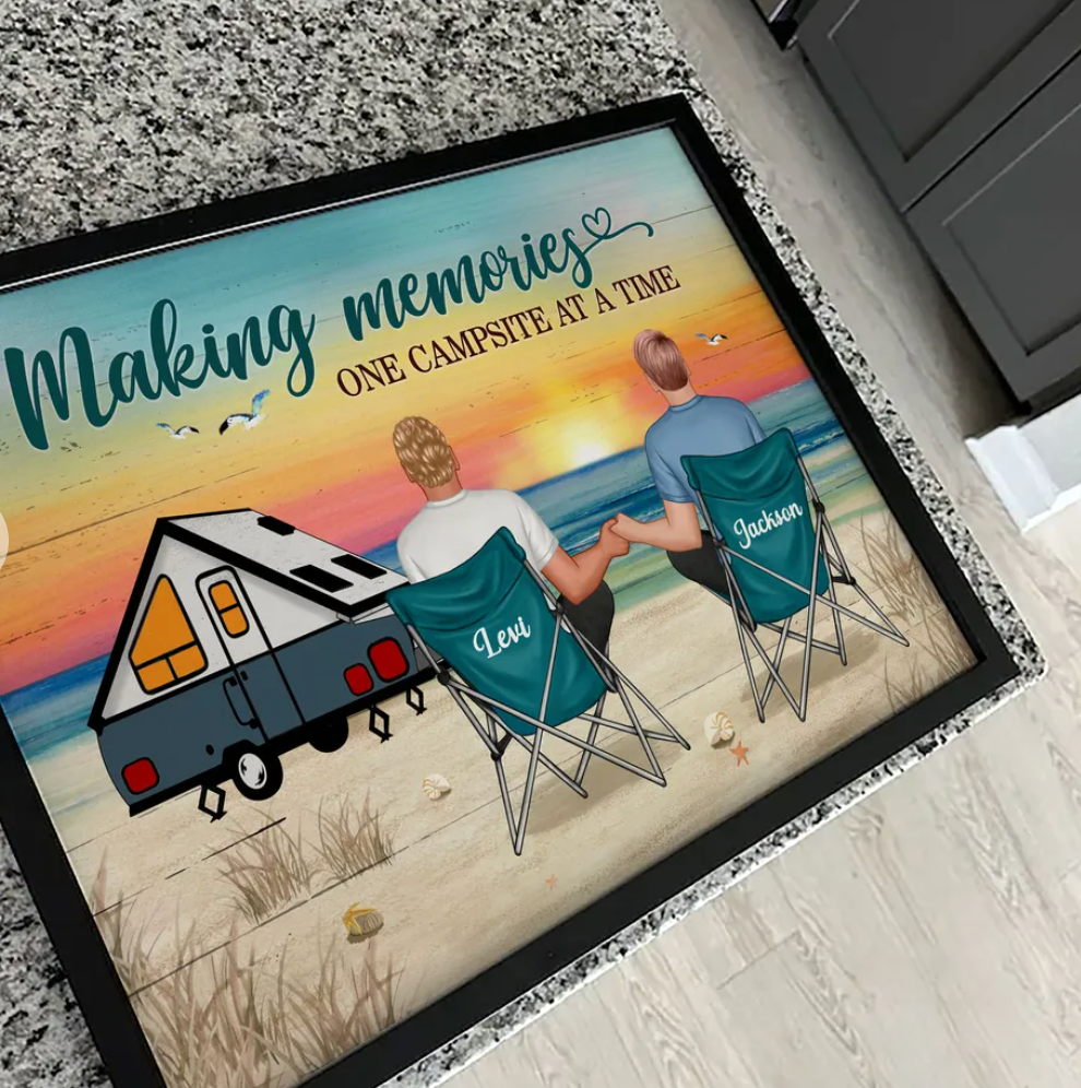 Back View Couple Camping Beach Landscape Personalized Horizontal Poster