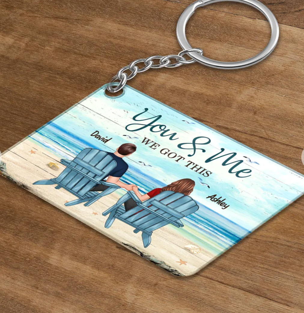 Back View Couple Sitting Beach Landscape You & Me We Got This Personalized Acrylic Keychain