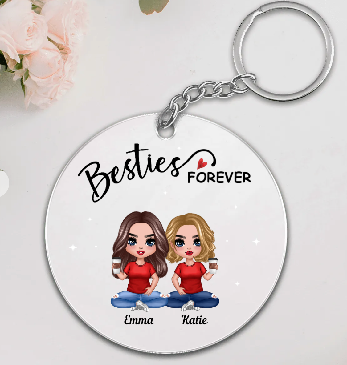 Doll Besties Sitting Always Sisters Besties Forever Personalized Circle Acrylic Keychain