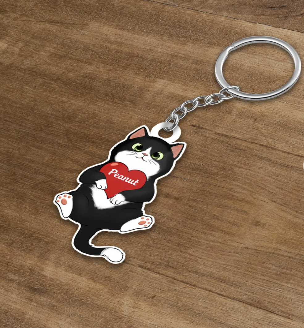 Fluffy Cat Holding Heart Personalized Acrylic Keychain - Gift For Cat Lovers