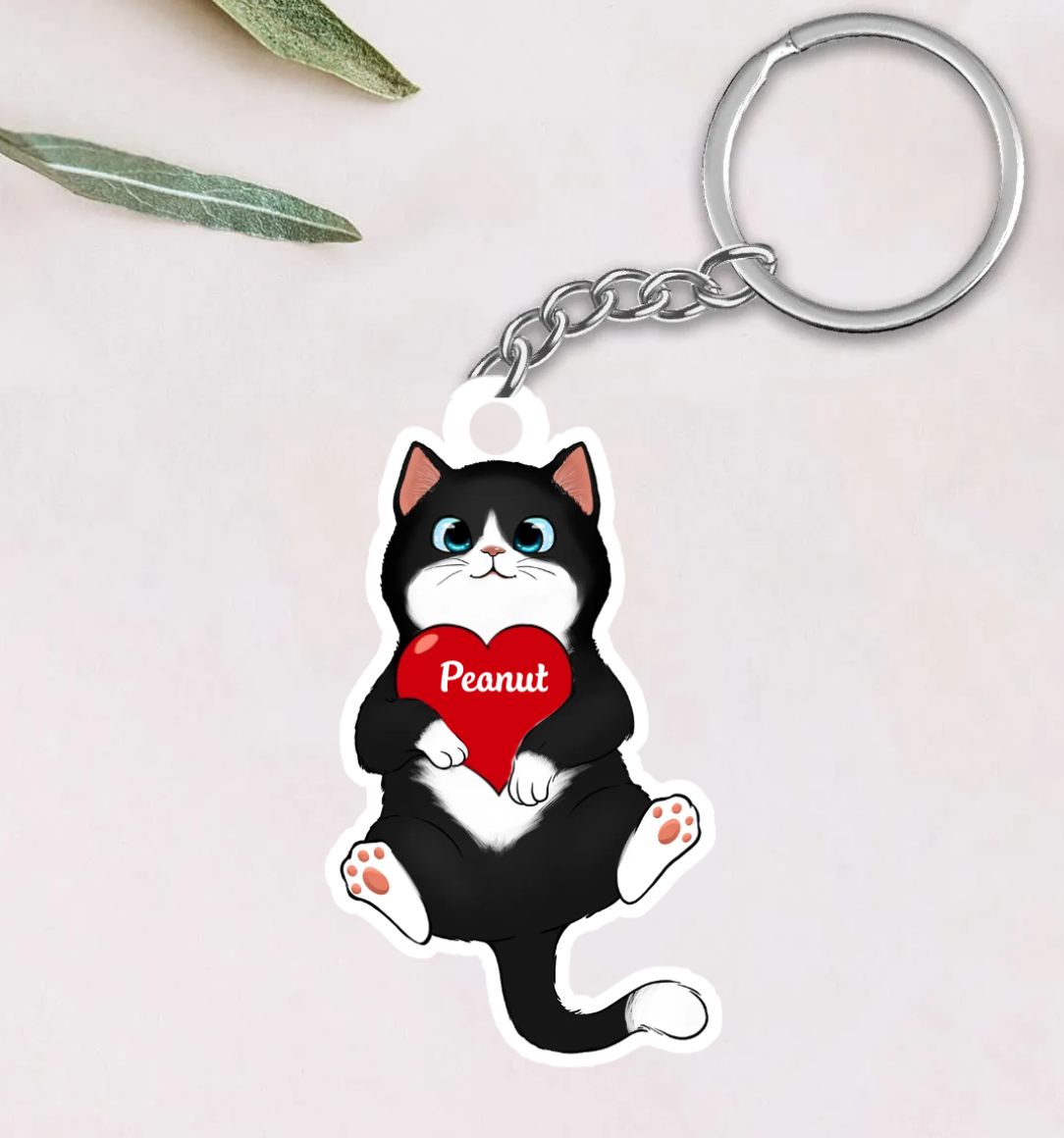 Fluffy Cat Holding Heart Personalized Acrylic Keychain - Gift For Cat Lovers