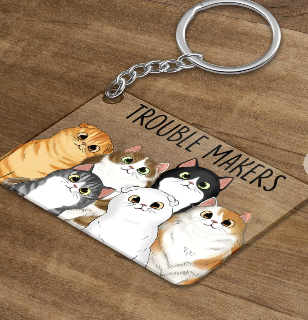 Cute Peeking Fluffy Cat Personalized Acrylic Keychain - Gift For Cat Lover