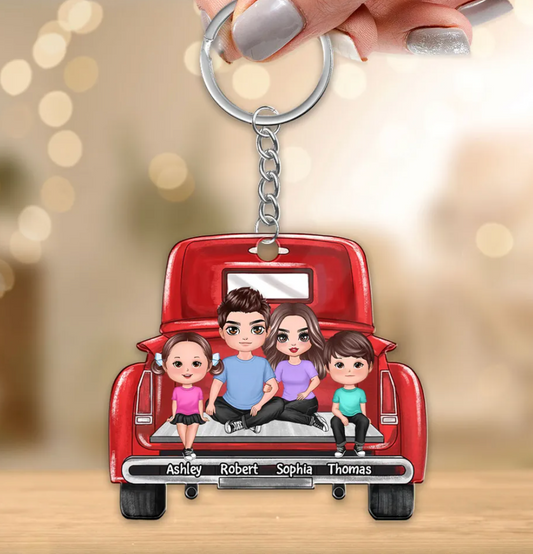Family Couple On Truck Personalized Acrylic Keychain - Gift For Family