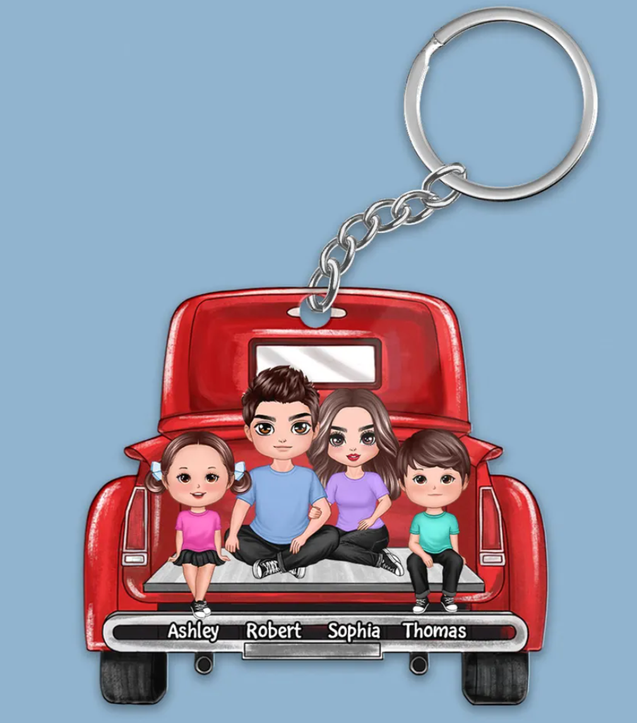 Family Couple On Truck Personalized Acrylic Keychain - Gift For Family