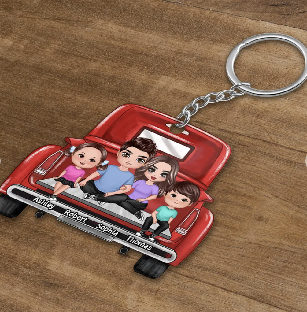 Family Couple On Truck Personalized Acrylic Keychain - Gift For Family